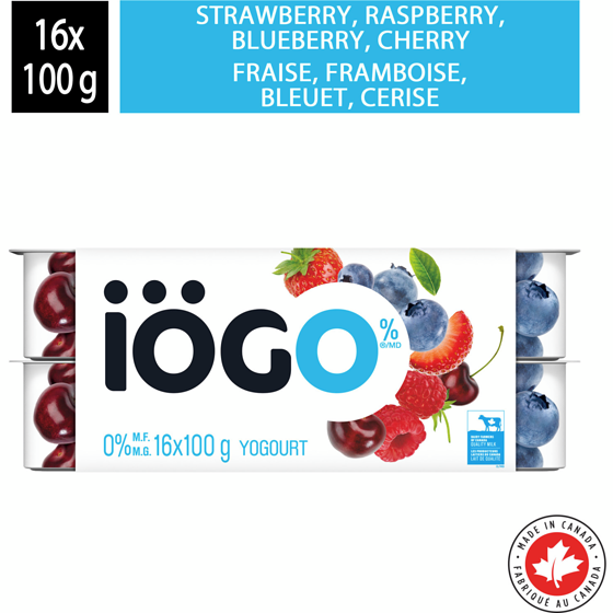 IÖGO Pots de yogourt sans matière grasse fraise/framboise/bleuet/cerise 0 % 16x100.0 g, 0,44 $/100g