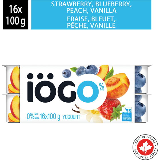 IÖGO Pots de yogourt sans matière grasse fraise/bleuet/pêche/vanille 0 % 16x100.0 g, 0,44 $/100g