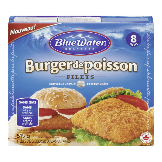 BlueWater Seafoods Burger de poisson pané, Goberge d'Alaska sauvage, Congelé, 8 morceaux 519 g, 1,73 $/100g
