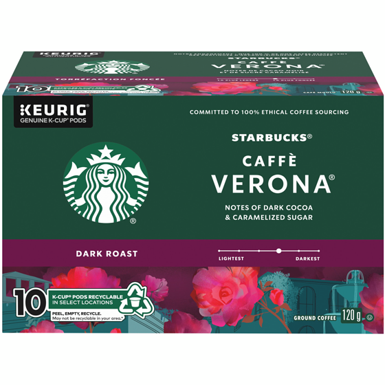 Starbucks Café Moulu Torr. Foncée Caffè Verona, K-Cup 10 ea, 1,35 $/1ch