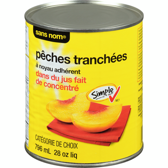 Sans Nom Pêches tranchées à noyau adhérent dans du jus fait de concentré 796 ml, 0,66 $/100ml