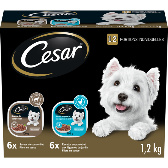 Cesar Nourriture humide pour chiens adultes filets en sauce en format variété saveur de contre-filet et poulet 12x100.0 g, 1,75 $/100g