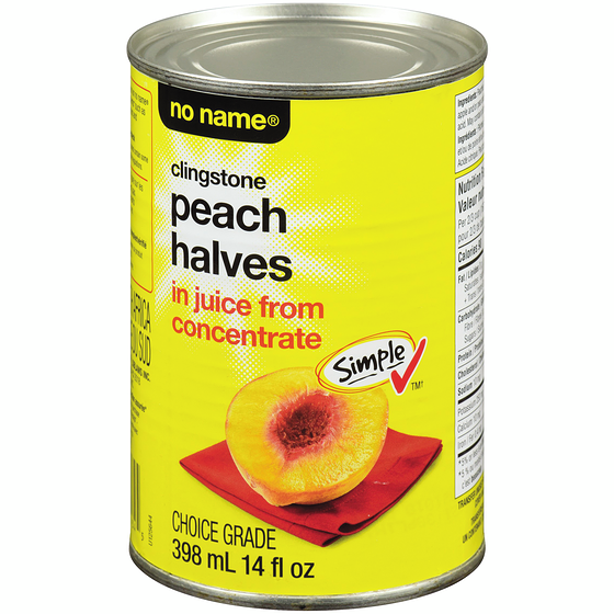 No Name Clingstone Peach Halves in Juice from Concentrate 398 ml, $0.75/100ml