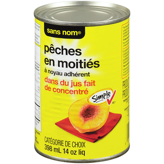 Sans Nom Pêches à noyau adhérent en moitiés dans du jus fait de concentré 398 ml, 0,75 $/100ml