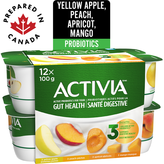 Activia Probiotic Yogurt, Yellow Apple/Apricot/Mango/Peach 12x100.0 g, $0.79/100g