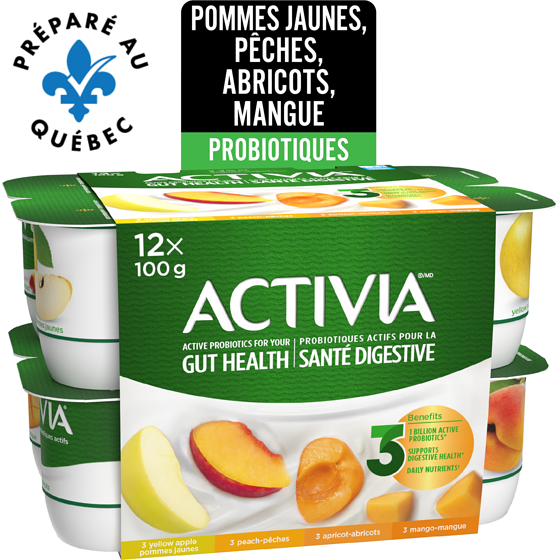 Activia Yogourt probiotique, pomme jaune / abricot / mangue / pêche 12x100.0 g, 0,57 $/100g
