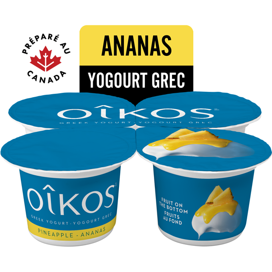 Oikos Greek Yogurt, Pineapple, Fruit on the Bottom, 2% M.F. 4x100.0 g, $1.25/100g