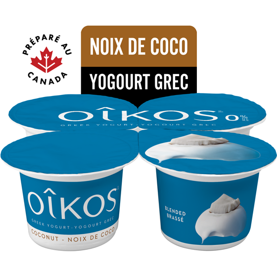 Oikos Yogourt grec sans gras, noix de coco, 0% M.G., brassé 4x100.0 g, 1,15 $/100g