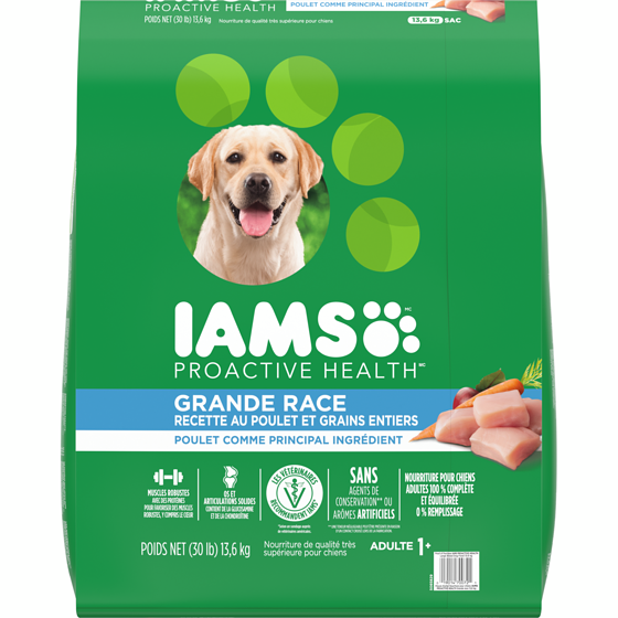 Iams Nourriture sèche pour chiens adultes de grande race recette avec poulet et grains entiers 13.6 kg, 0,45 $/100g