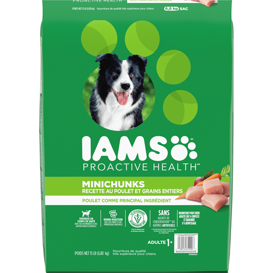 Iams Nourriture sèche pour chiens adultes Minichunks recette avec poulet et grains entiers 6.804 kg, 0,50 $/100g