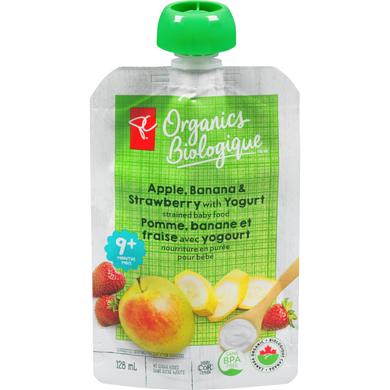 PC Biologique Nourriture en purée pour bébés yogourt pomme, banane et fraise 128 ml, 0,78 $/100ml
