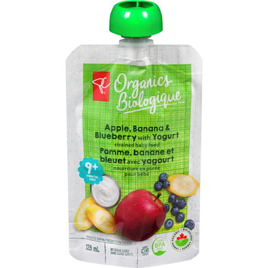 PC Biologique Nourriture en purée pour bébés pomme banane et bleuet 128 ml, 0,78 $/100ml
