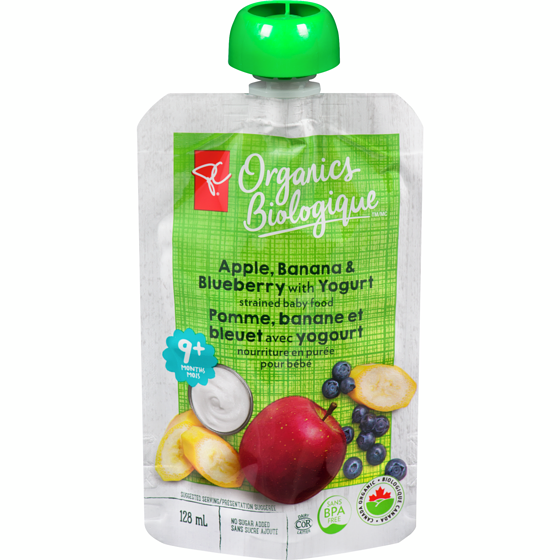 Nourriture en purée pour bébés pomme banane et bleuet PC Biologique