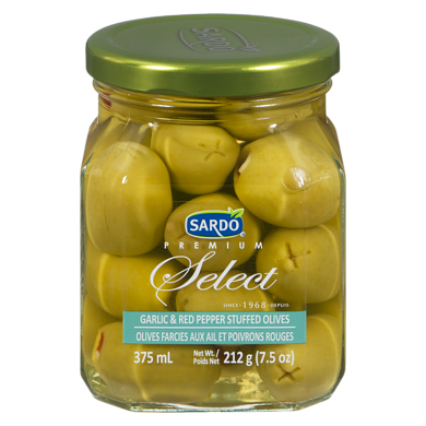 Sardo Garlic & Red Pepper Stuffed Olives 375 ml, $2.40/100ml
