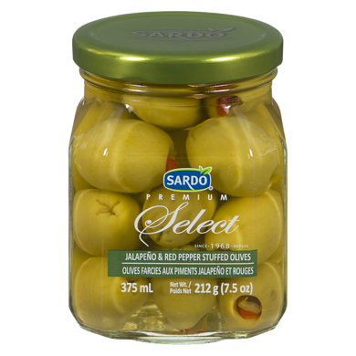 Sardo Jalapeno & Red Pepper Stuffed Olives 375 ml, $2.40/100ml