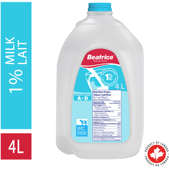Beatrice Lait partiellement écrémé 1 % 4 l, 0,16 $/100ml