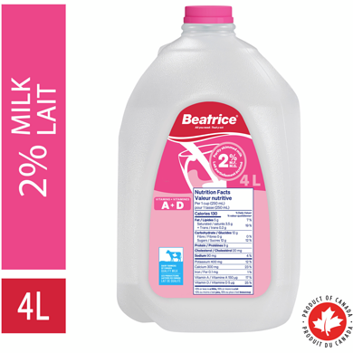 Beatrice Lait partiellement écrémé 2 % 4 l, 0,16 $/100ml