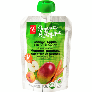 PC Biologique Nourriture en purée pour bébé Biologique, mangues, pommes, carottes et pêches 128 ml, 0,78 $/100ml