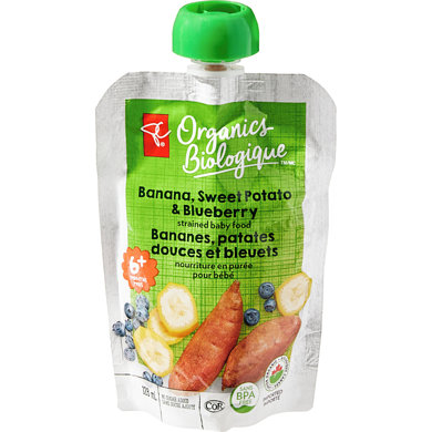 PC Biologique Nourriture en purée pour bébé Biologique, bananes, patates douces et bleuets 128 ml, 0,78 $/100ml