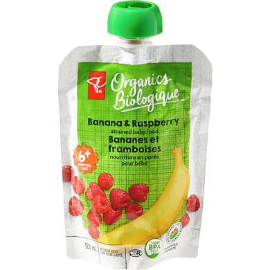 PC Biologique Nourriture en purée pour bébé Biologique, bananes et framboises 128 ml, 1,55 $/100ml