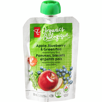 PC Biologique Nourriture en purée pour bébé Biologique, pommes, bleuets et petits pois 128 ml, 0,78 $/100ml