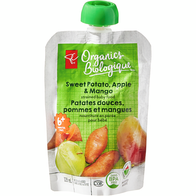 PC Biologique Nourriture en purée pour bébé Biologique, patates douces, pommes et mangues 128 ml, 0,78 $/100ml
