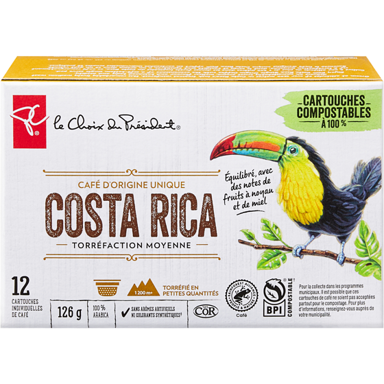 le Choix du Président Cartouches individuelles de café d’origine unique Costa Rica torréfaction moyenne 12 ea, 0,75 $/1ch