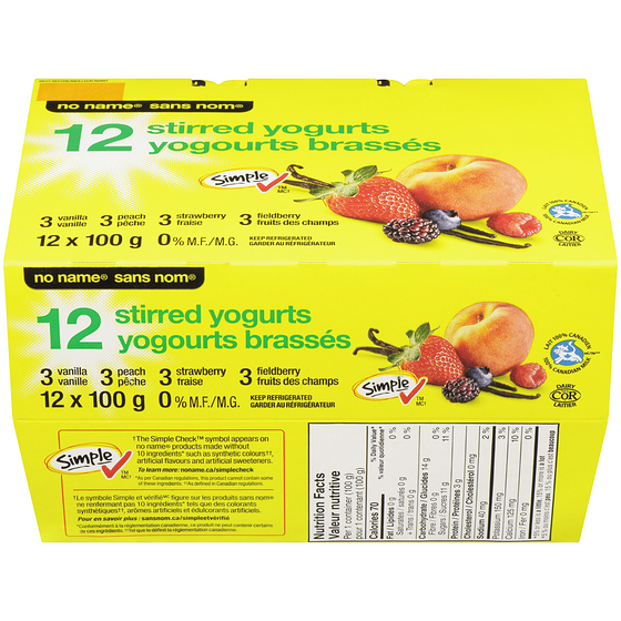 No Name Stirred Yogurts 0 % M.F. 12x100.0 g, $0.50/100g