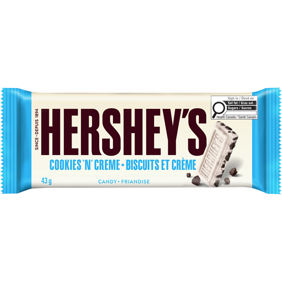 Hershey’s Barre  COOKIES 'N’ CRÈME de format standard 43 g, 3,49 $/100g
