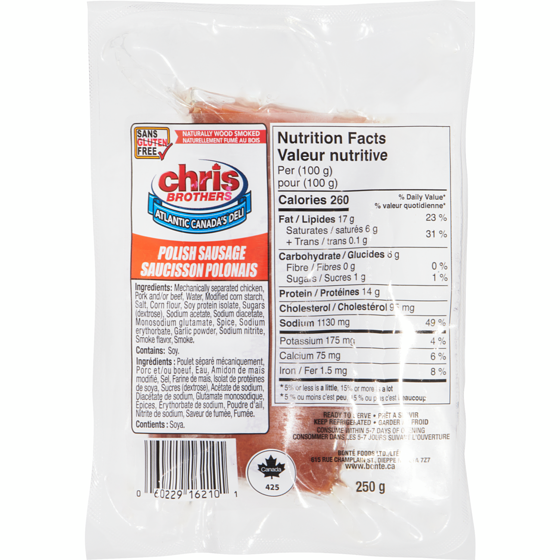 Chris Brothers Polish Sausage 250 g, $2.52/100g