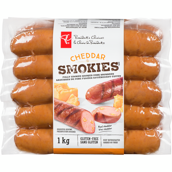 le Choix du Président Saucisses de porc fumées SmokiesMC au cheddar 1 kg, 1,50 $/100g
