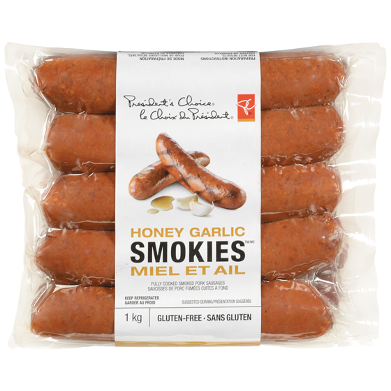 le Choix du Président Saucisses de porc fumées SmokiesMC miel et ail 1 kg, 1,60 $/100g