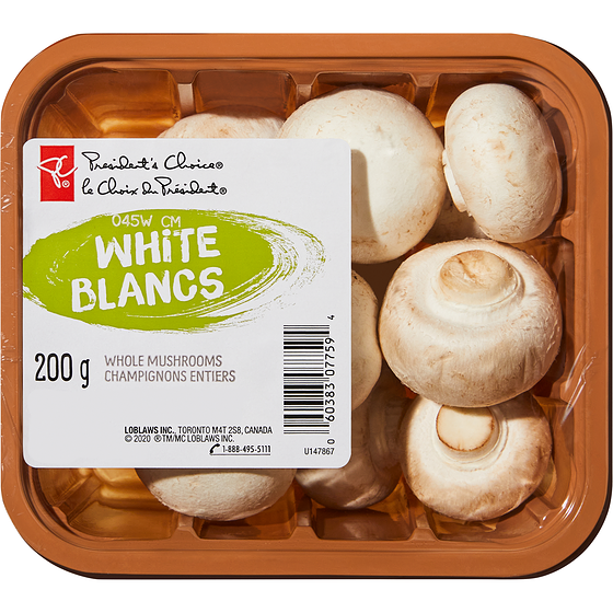 President's Choice Whole White Mushrooms 200 g, $1.50/100g