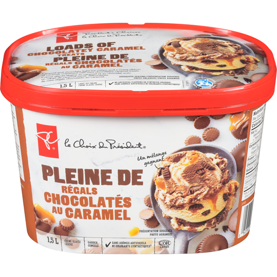 le Choix du Président Crème glacée légère pleine de régals chocolatés au caramel 1.5 l, 0,50 $/100ml