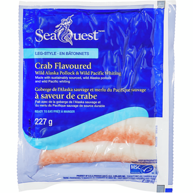 SeaQuest Goberge de l’Alaska sauvage et merlu du Pacifique sauvage à saveur de crabe en bâtonnets 227 g, 1,32 $/100g