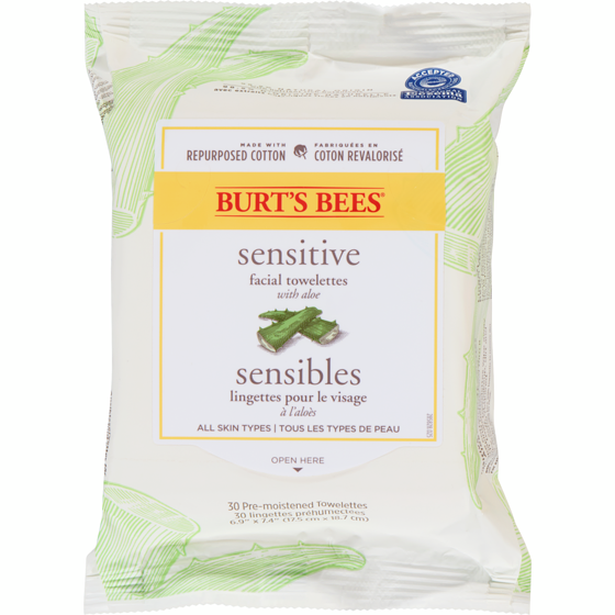 Burt’s Bees Lingettes nettoyantes pour peaux sensibles avec extrait de coton 30 ea, 0,33 $/1ch