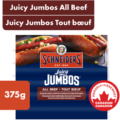 Schneider Juicy Jumbos All Beef Hot Dogs 375 g, $1.86/100g
