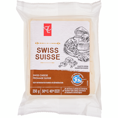 President's Choice Swiss Cheese 250 g, $3.60/100g