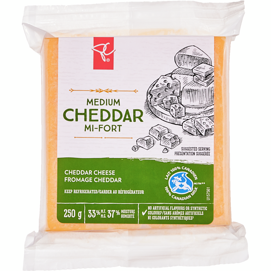 President's Choice Medium Cheddar Cheese 250 g, $3.60/100g