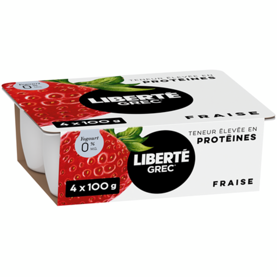 Liberté Grec Yogourt 0 %, emb de 4, Fraise, Teneur élevée en protéines et en probiotiques 4x100.0 g, 1,50 $/100g