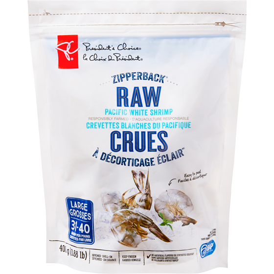 le Choix du Président Crevettes Blanches Du Pacifique Crues À Décorticage Éclair 400 g, 2,50 $/100g
