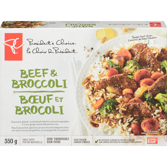 President's Choice Beef and Broccoli Meal 350 g, $1.00/100g