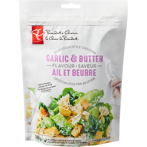 President's Choice Garlic and Butter Flavour Sourdough Style Croutons 140 g, $3.21/100g