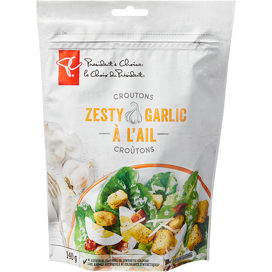 President's Choice Zesty Garlic Croutons 140 g, $3.42/100g