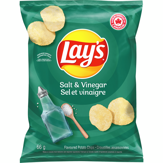 Lay's Salt & Vinegar flavoured potato chips (small bag) 66 g, $3.77/100g