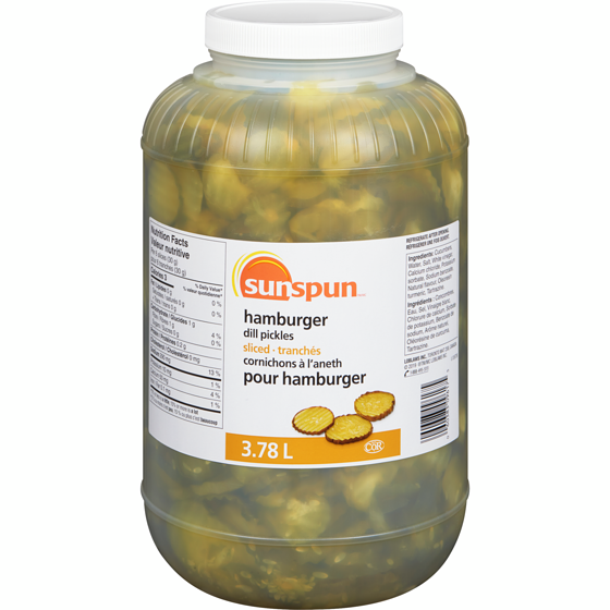 Sunspun Hamburger Sliced Dill Pickles 3.78 l, $0.45/100ml