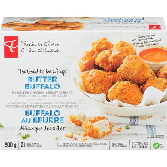 le Choix du Président Morceaux De Poitrine De Poulet Sans Os Panés Mieux Que Des Ailes Buffalo Au Beurre 800 g, 2,00 $/100g