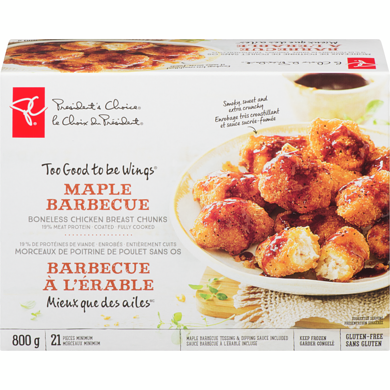 President's Choice Too Good To Be Wings Maple Barbecue Boneless Coated Chicken Breast Chunks 800 g, $2.00/100g