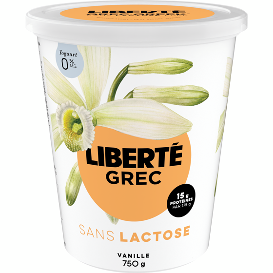 Liberté Grec Yogourt 0 % Sans lactose, Vanille, Teneur élevée en protéines 750 g, 0,87 $/100g