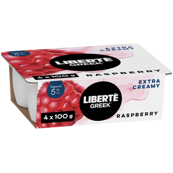 Liberte Greek 5% Extra Creamy Yogurt, Raspberry, High Protein 4x100.0 g, $1.25/100g
